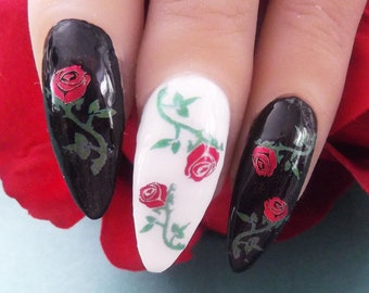 RED ROSE Nail Decals | 44 OPAQUE Metallic Red and Green Waterslide | Spring Summer Nail Decals | Gothic Nails | Water Transfers not Stickers