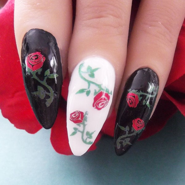 RED ROSES Nail Decals | 48 Metallic Red Roses MEGAPACK | Waterslide Rose Nail Art | Valentines Day Nails | Summer Nail Decals, Gothic Style