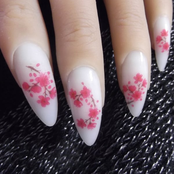 CHERRY BLOSSOM Nails, Waterslide Decals | 33 Deep Pink Watercolor Nail Decals, Flower Spring Summer Nail Art Cherry Blossoms Watercolor