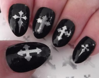 Silver CROSS Nail Decals, 29 Waterslide Decals, Great over Black Nails, Halloween, Goth Nails, Vampire,  Cemetery, Witch Nails, Water Decals