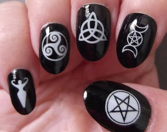 WICCAN Nail Decals | Double Pack | 60 WHITE Mixed Witch Nails Symbols Goddess, Pentacle, Triple Moon Triquetra, Triskelle, Halloween Gothic