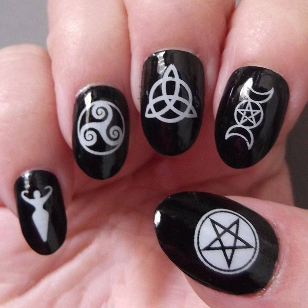 WICCAN Nail Decals | Double Pack | 60 WHITE Mixed Witch Nails Symbols Goddess, Pentacle, Triple Moon Triquetra, Triskelle, Halloween Gothic
