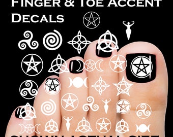 MIXED WICCAN Nail Decals | 60 WHITE Mixed Symbols Gothic Nail Art | WaterSlide Transfer Pentacles Goddess Triquetras Triple Moon Triskelles