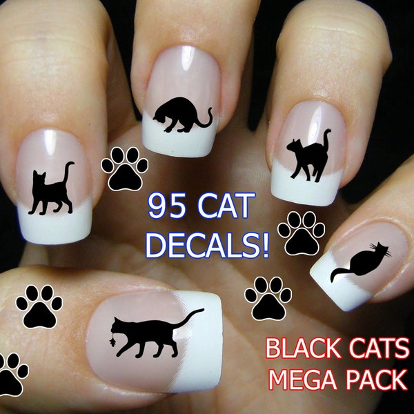 95 BLACK CATS Nail Decals MEGAPACK Paw Print Decals Kitten Nail Art Tiny Cat Nail Decals, Cat Lover's Gift, Black Cat nails Witchy Familiar