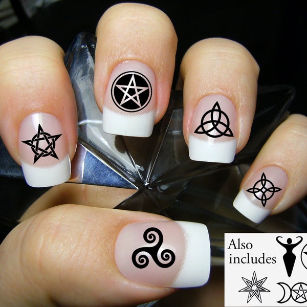 WICCAN Nail Decals | 57 BLACK Waterslide Symbols | Occult, Pentacle, Pentagram, Triquetra, Goddess, Witch Knot, Triskelle, Witchy Nail Art