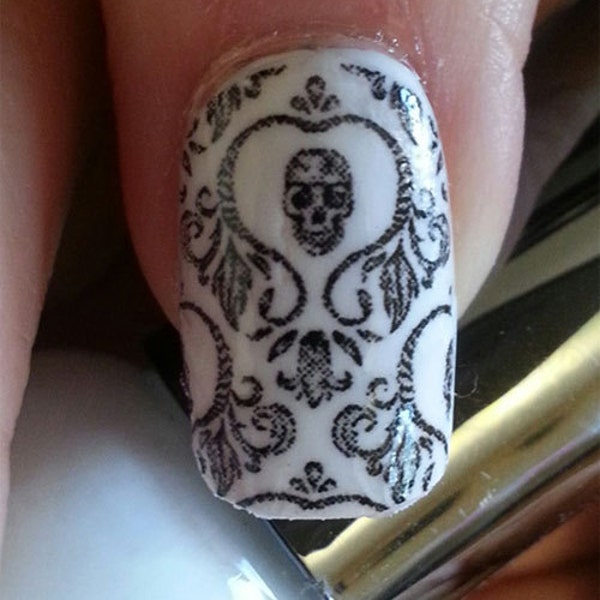 SKULL Nail Decals | Waterslide Skull Damask Design Full Nail Wraps | Black on Clear | Day of the Dead Transfer HALLOWEEN Witchy Nail Art