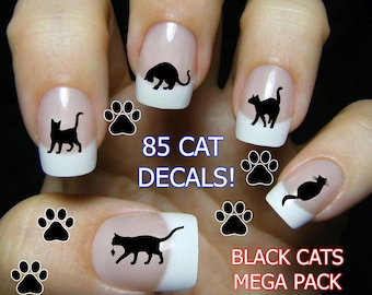 BLACK CAT Nail Art, Gifts for Cat Lovers, Black Cat Nails, Cat Nail Stickers, Cat Waterslide Decals, 85 Water Slide Transfer Decals MEGAPACK