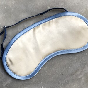 sleeping mask from silk, cream, blue edge, silk, travel, beauty, relaxation, adjustable image 2