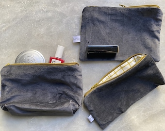 Cosmetic bag velvet, anthracite, inside gold grid , make-up bag, 3 sizes, makeup bag, toiletry bag. Cosmetic bag, travel kit