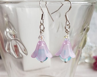 Pink and Blue Lucite Flower Bell Drops, Aura Glass and Austrian Crystal Bead Handmade Floral Dangle Earrings, Sterling or Plate Gift Box Inc