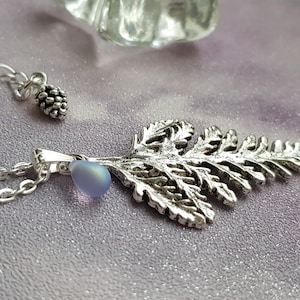 Large Fern Leaf Pendant Necklace, Layering, Choose 16 26 Silver Plate Chain, Extendable, Nature, Foliage, Bracken, Teardrop Frosted Glass image 1