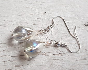 Floral Inspired Dangle Earrings on Silver Plate Hooks Pretty Iridescent Clear Bubble Glass Beaded Drop Earrings