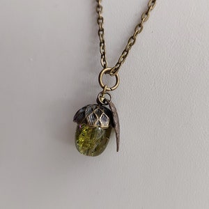 Olive Green Crackle Glass Acorn Pendant Necklace. Bronze Tone Choose Chain length. Extendable, Gift for Nature lover, Oak Tree Nut, Moss image 2