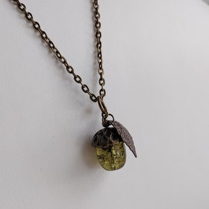 Olive Green Crackle Glass Acorn Pendant Necklace. Bronze Tone Choose Chain length. Extendable, Gift for Nature lover, Oak Tree Nut, Moss image 3
