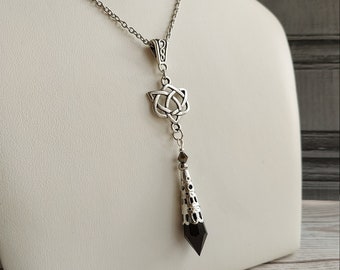 Black Acrylic Point Pendulum Pendant Celtic Necklace, Icicle Prism Pendant, Extendable Chain, Gothic Necklace, Silver Plated.