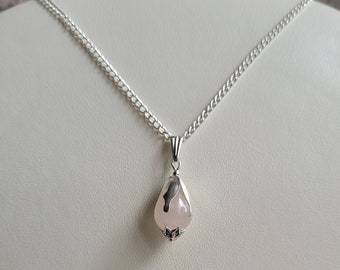 Rose Quartz Gemstone Flower Bud Pendant Necklace, Silver Plate Extendable Chain, Choose Length, Crystal Jewellery, Bridal, Flower Girl Gift