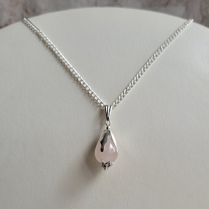 Rose Quartz Gemstone Flower Bud Pendant Necklace, Silver Plate Extendable Chain, Choose Length, Crystal Jewellery, Bridal, Flower Girl Gift