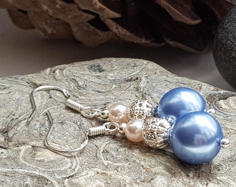 Cornflower Periwinkle Blue Glass Pearl Drop Earrings, Sterling, Silver Plate Hooks or Clip-On. Something Blue. Perfect for Prom or Wedding