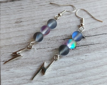 Purple Grey Beaded Dangle Drop Earrings, Mystic Mermaid Aura Flash Glass Earrings, Lightning Bolt Charm Silver Plated Boho Celestial Gift