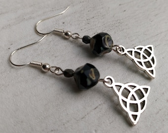 Celtic Triquetra Beaded Dangle Earrings. Black Czech Glass Beaded Drops, Gift for Pagan Wiccan, Sterling Silver or Plated hook Choice,
