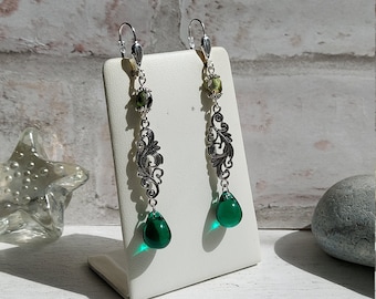 Teal Green Glass Teardrop Long Dangle Earrings Edwardian Art Nouveau Inspired Silver Plate Drop Lever Back Gothic Earrings