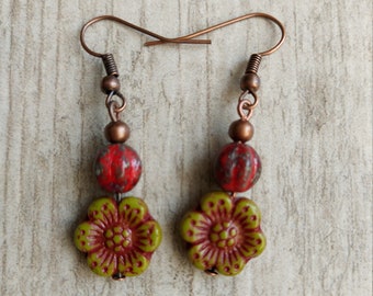 Floral Dangle Earrings, Green and Red Rustic Czech Glass Beaded Drops, Copper Tone Hooks, Gift For Gardener, Flower Girl, Holiday Season.