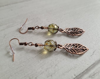 Green and Copper Leaf Dangle Earrings, Nature Inspired Drops, Copper Tone Leaf Charm, Olive Czech Glass, Clip-on Option, Earthy, Pretty,