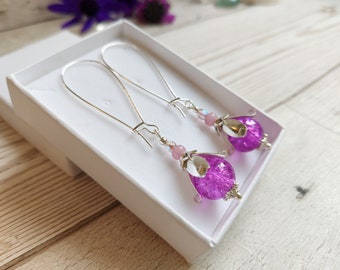 Flower Bud Inspired Long Dangle Earrings, Pink Crackle Glass Bead Drops, Silver Plate Latch Back, Snowdrop, Blossom, Floral, Bright