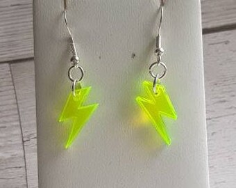 Small Lightning Bolt Earrings Acid Neon Yellow Green Unisex Dangle Earrings. Acrylic Lightweight Earrings