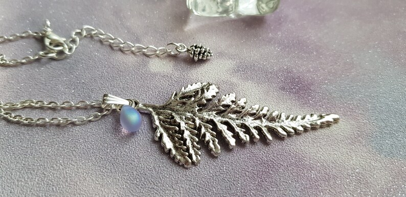 Large Fern Leaf Pendant Necklace, Layering, Choose 16 26 Silver Plate Chain, Extendable, Nature, Foliage, Bracken, Teardrop Frosted Glass image 5