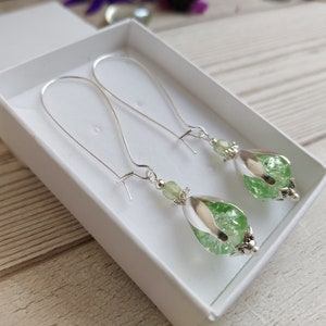 Flower Bud Inspired Long Dangle Earrings, Mint Green Crackle Glass Bead Drops, Silver Plate Latch Back, Snowdrop, Blossom, Floral, Fresh
