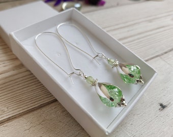 Flower Bud Inspired Long Dangle Earrings, Mint Green Crackle Glass Bead Drops, Silver Plate Latch Back, Snowdrop, Blossom, Floral, Fresh