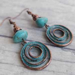 Boho Style Magnesite Gemstone Dangle Earrings, Turquoise Verdigris Rustic Copper Tone Hippy Drops, Geometric, Infinity Swirl Spiral Love image 5