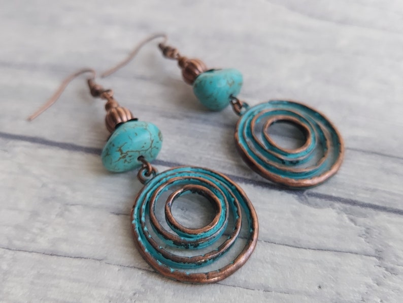 Boho Style Magnesite Gemstone Dangle Earrings, Turquoise Verdigris Rustic Copper Tone Hippy Drops, Geometric, Infinity Swirl Spiral Love image 5