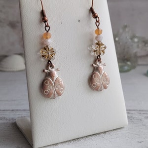 Ladybird Flower Dangle Earrings, Rustic White Washed Antiqued Copper Tone, Pretty Floral Drops, Gift for Ladybug Lover, Nature Theme, Cute. image 3