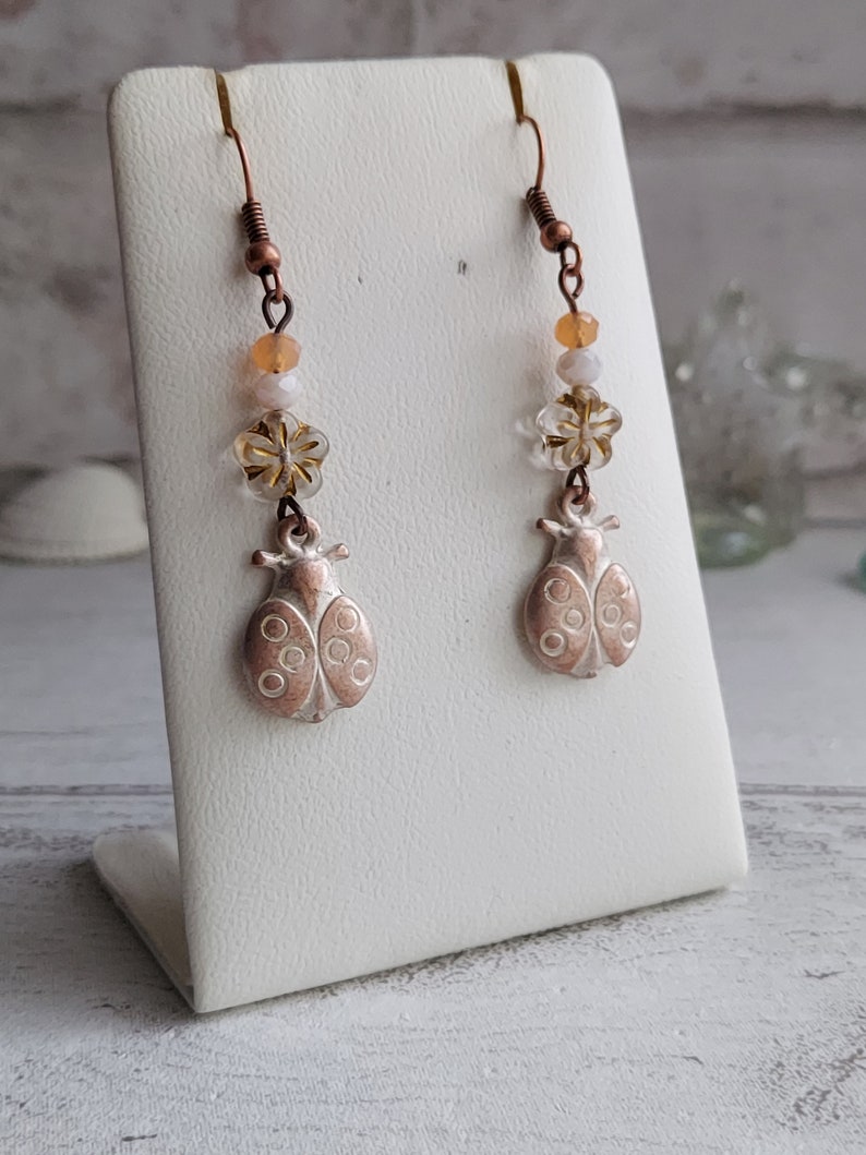 Ladybird Flower Dangle Earrings, Rustic White Washed Antiqued Copper Tone, Pretty Floral Drops, Gift for Ladybug Lover, Nature Theme, Cute. image 3