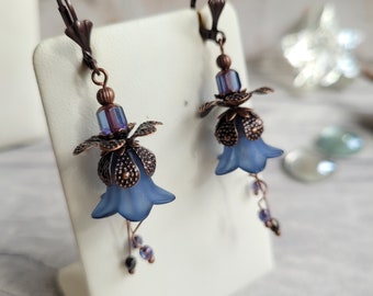 Bluebell Flower Earrings, Handmade Boho Floral Dangle Drops, Copper Lever or Clip-on, Flower Bell, Forest Fairy, Cottage Core, Blossom, Gift
