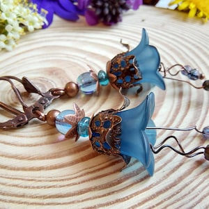 Bluebell Flower earrings, Handmade Boho Floral Dangle Drops, Copper Lever Back, Flower Forest Fairy Cottage Core, Blossom, Gift Box Included image 1