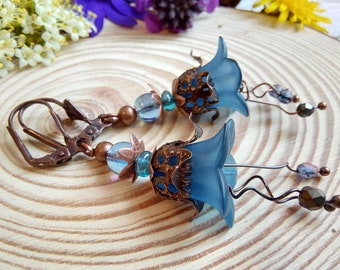 Bluebell Flower earrings, Handmade Boho Floral Dangle Drops, Copper Lever Back, Flower Forest Fairy Cottage Core, Blossom, Gift Box Included