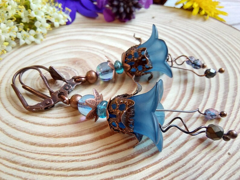 Bluebell Flower earrings, Handmade Boho Floral Dangle Drops, Copper Lever Back, Flower Forest Fairy Cottage Core, Blossom, Gift Box Included image 1