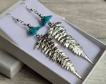 Turquoise Gemstone & Large Fern Leaf Long Dangle Earrings, Silver Plated, Boho Bracken Charm Statement Drops, Woodland, Forest, Fairytale