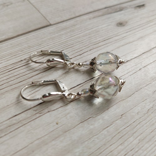 Iridescent sale Faceted Quartz Dangle Earrings. Classic Elegant Drops, Silver Plate Lever or 925 Silver Hook, Bridal, Prom, Pretty, Simple, Gift