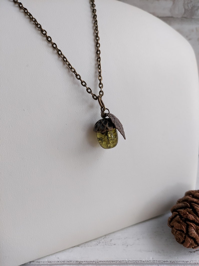 Olive Green Crackle Glass Acorn Pendant Necklace. Bronze Tone Choose Chain length. Extendable, Gift for Nature lover, Oak Tree Nut, Moss image 3