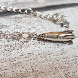 Rocket Charm Necklace, Spaceship Pendant Necklace, 16 18 or 20 Inch Extendable Chain, Star Charms, Simple, Minimal, Fun, SciFi, Unisex Gift