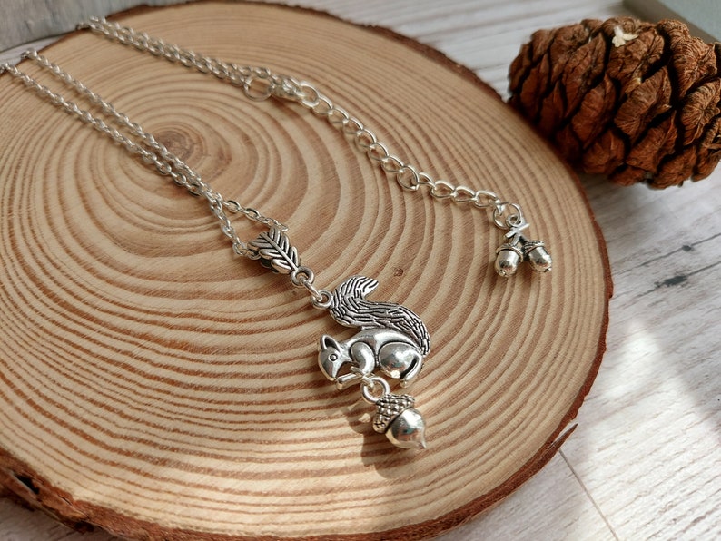 Squirrel and Acorn Pendant Necklace. Silver Plate Personalise Choose Chain length. Extendable, Gift for Nature lover, Oak Tree Nut, image 4