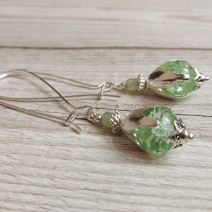 Flower Bud Inspired Long Dangle Earrings, Mint Green Crackle Glass Bead Drops, Silver Plate Latch Back, Snowdrop, Blossom, Floral, Fresh image 5