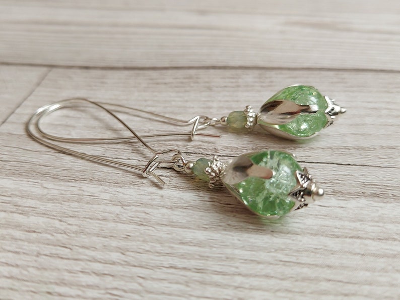 Flower Bud Inspired Long Dangle Earrings, Mint Green Crackle Glass Bead Drops, Silver Plate Latch Back, Snowdrop, Blossom, Floral, Fresh image 5