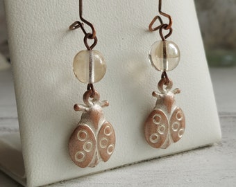 Ladybird Flower Dangle Earrings, Glass Beaded Earrings Whitewashed Rustic Copper Tone Ladybug, Pretty Flower Drop, Gift for Nature Bug Lover