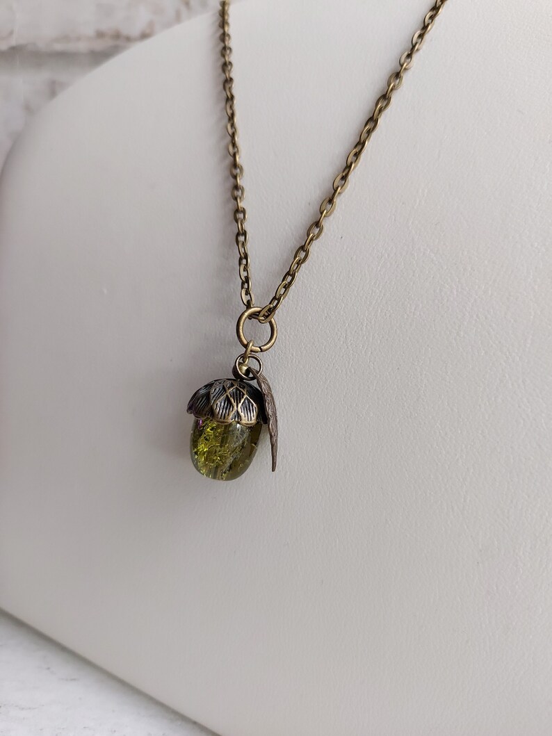 Olive Green Crackle Glass Acorn Pendant Necklace. Bronze Tone Choose Chain length. Extendable, Gift for Nature lover, Oak Tree Nut, Moss image 2