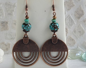 Boho Style Teal & Coffee Marbled Ceramic Large Dangle Earrings, Seafoam Aqua and brown Copper Tone Hippy Drops, Geometric, Beaded, Charm.